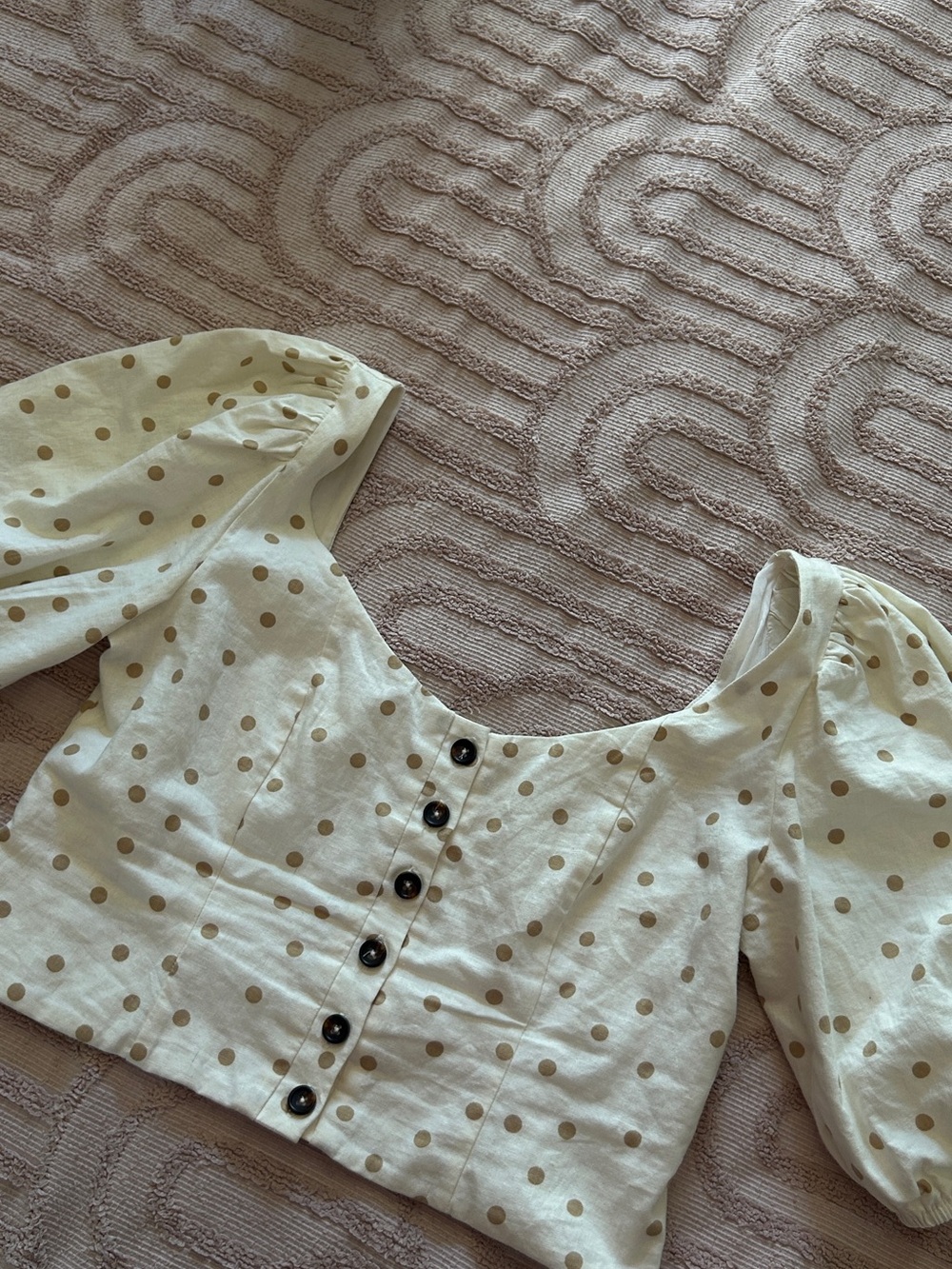 LPA Cream Puff Sleeve Crop Top with Tan Polka Dots